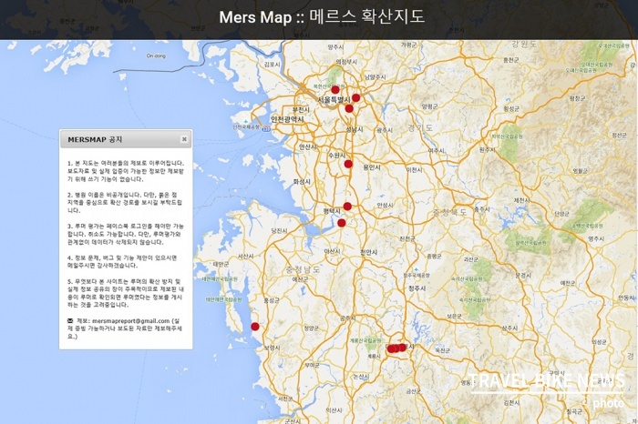 한 누리꾼에 의해 만들어진 메르스 지도. 4일 현재 총 14곳의 병원이 표기되어 있다. 이미지 출처/ mersmap.com
