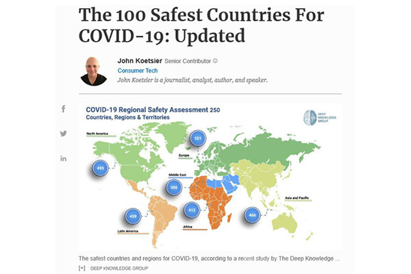 보고서는 전 세계 250개국을 대상으로 코로나19와 관련된 경제, 정치, 보건·의료의 안전성을 평가한 것으로 방역 효율성, 위기 대응 능력 등 6개 카테고리, 30개 지표, 140개 변수에 대해 빅데이터 기법을 활용, 분석·평가해 각국의 안전점수를 산출했다. 사진/ 포브스