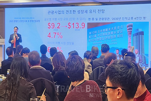 글로벌 관광 시장의 변화와 전망 따른 방한 관광 활성화 방안을 발표한 놀유니버스 김강세 최고전략책임자(CSO). 사진/김효설 기자