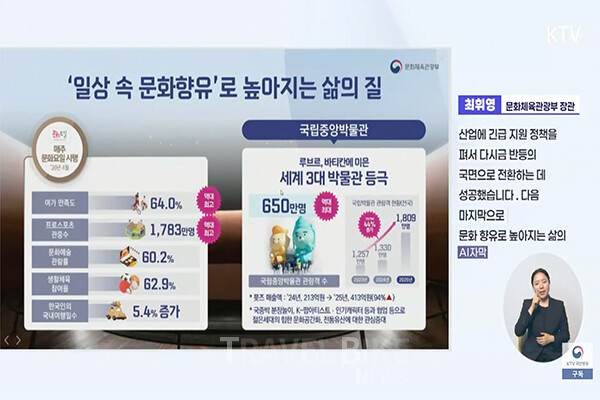 문체부 장관은 “문화 향유 확대는 국민 삶의 질 향상과 지역 정주 여건 개선으로 이어진다”며 “국민 누구나 쉽게 문화를 누릴 수 있는 환경을 조성하고 대한민국이 문화강국으로 도약할 수 있도록 최선을 다하겠다”고 밝혔다. 사진/KTV갈무